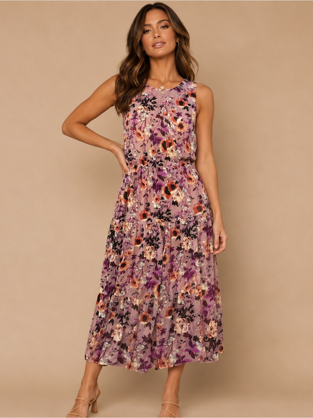 Lulu's Mauve Floral Tiered Midi Dress